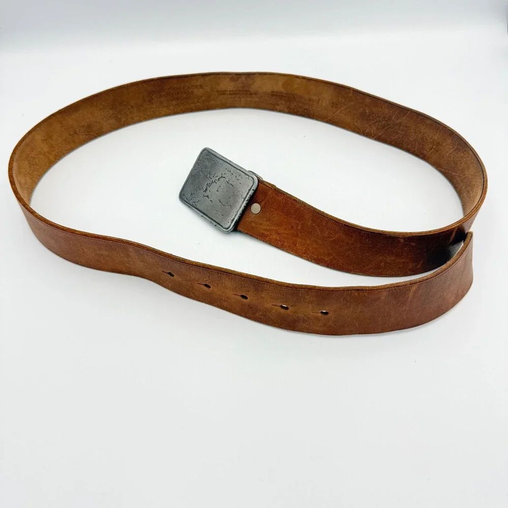 American Eagle Mens Brown Genuine Leather Belt Hammered Plaque Buckle Size 36